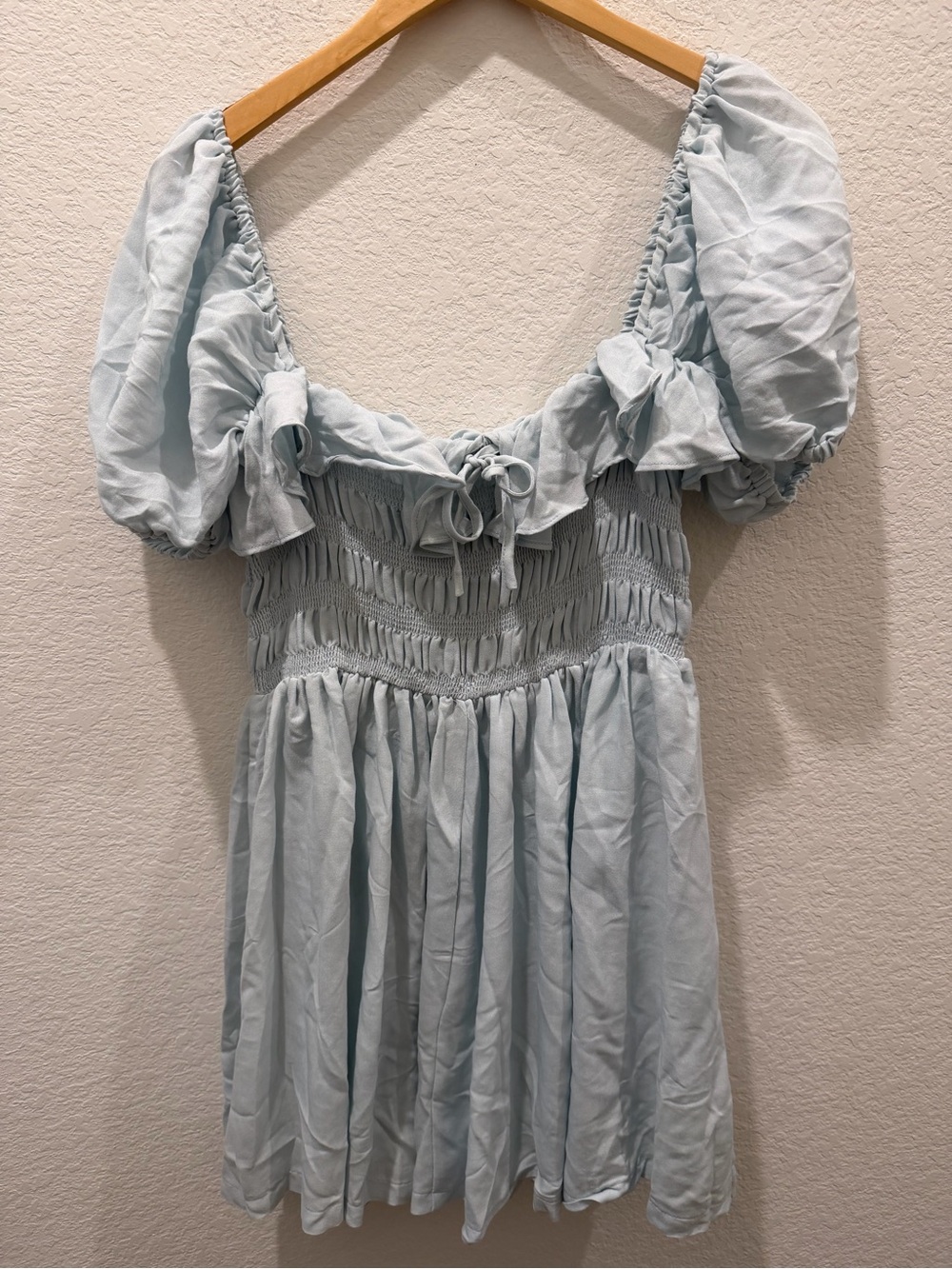 Mable Light Blue Smocked Puff Sleeve Ruffle Babydoll Mini Dress Women Large